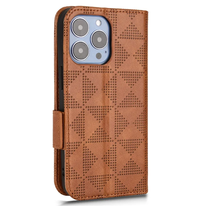 Для iPhone 15 Pro Max Imprinted Triangle Phone Cover PU кожаный стоячий бумажник противоударный чехол - коричневый