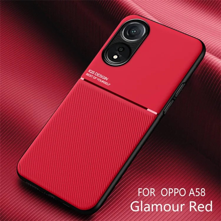 Para Oppo A58 5G Estuche de teléfono celular de piel de poliuretano y TPU a prueba de golpes con lámina de metal incorporada - Rojo