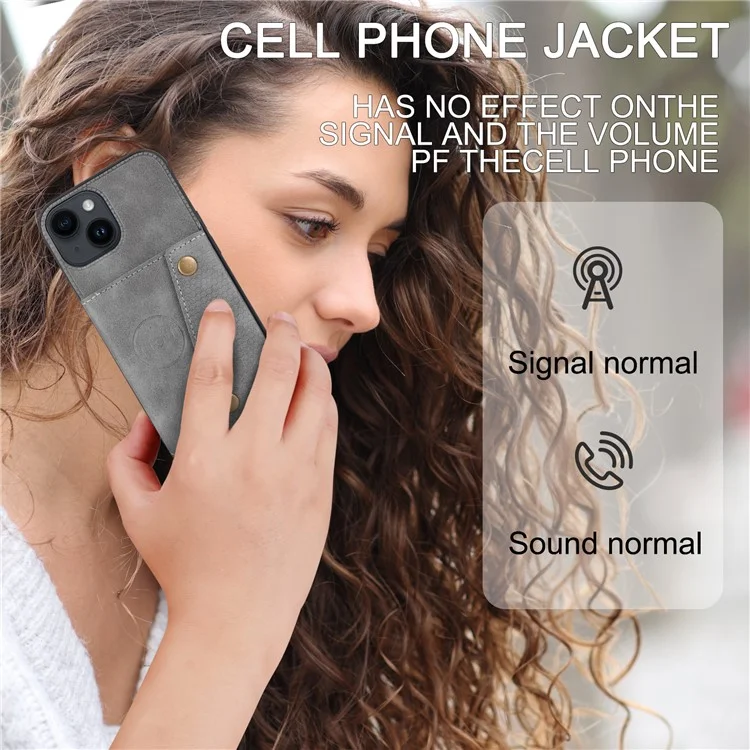 For iPhone 15 Kickstand Shell PU Leather Coated TPU Phone Cover with Card Slots - Grey