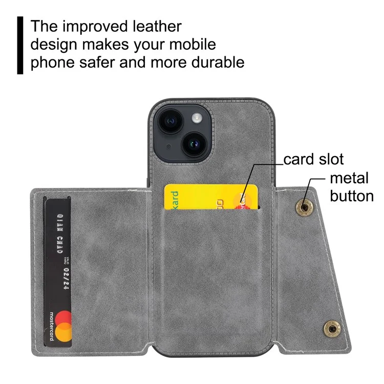 For iPhone 15 Kickstand Shell PU Leather Coated TPU Phone Cover with Card Slots - Grey