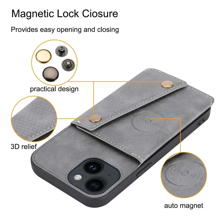 For iPhone 15 Kickstand Shell PU Leather Coated TPU Phone Cover with Card Slots - Grey