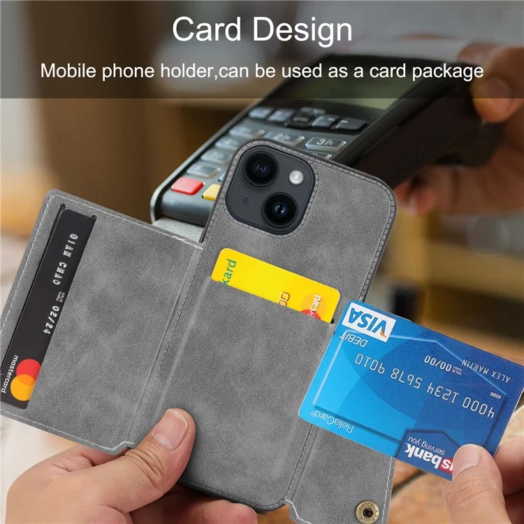 For iPhone 15 Kickstand Shell PU Leather Coated TPU Phone Cover with Card Slots - Grey