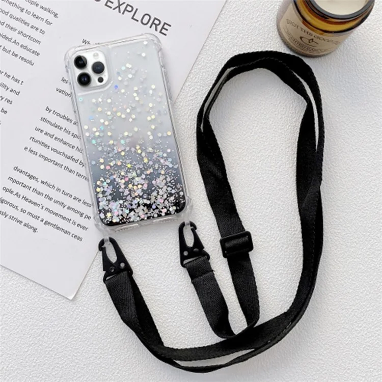 Gradient Epoxy TPU Hülle für iPhone 15 Pro Max Glitzernde Pailletten Quicksand Anti-Drop Handyhülle mit Gurt - Schwarz