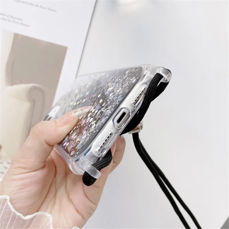 Glitter Gradient Epoxy Anti-Drop TPU Case for iPhone 15 Pro Protective Phone Cover with Slim Lanyard - Black