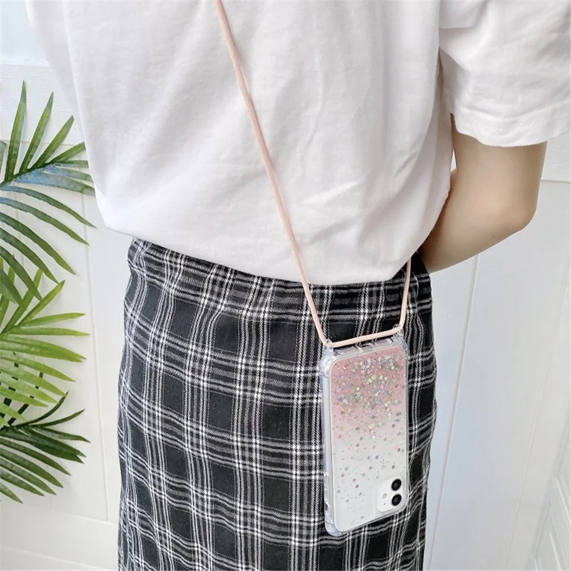 Glitter Gradient Epoxy Anti-Drop TPU Case for iPhone 15 Pro Protective Phone Cover with Slim Lanyard - Black