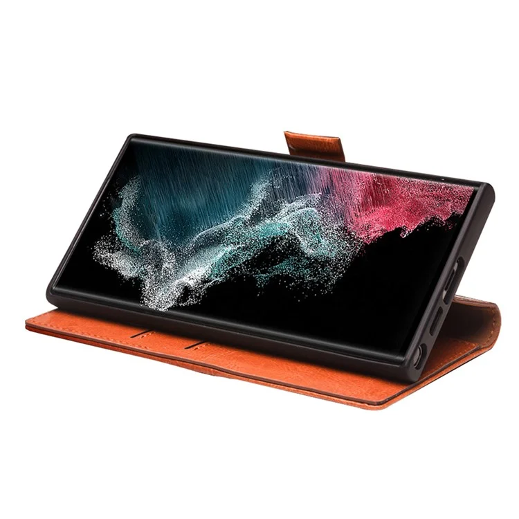 QIALINO Pour Samsung Galaxy S22+ 5G Véritable Étui Portefeuille en Cuir de Vache Pleine Protection Stand Téléphone Couvre - Marron Clair