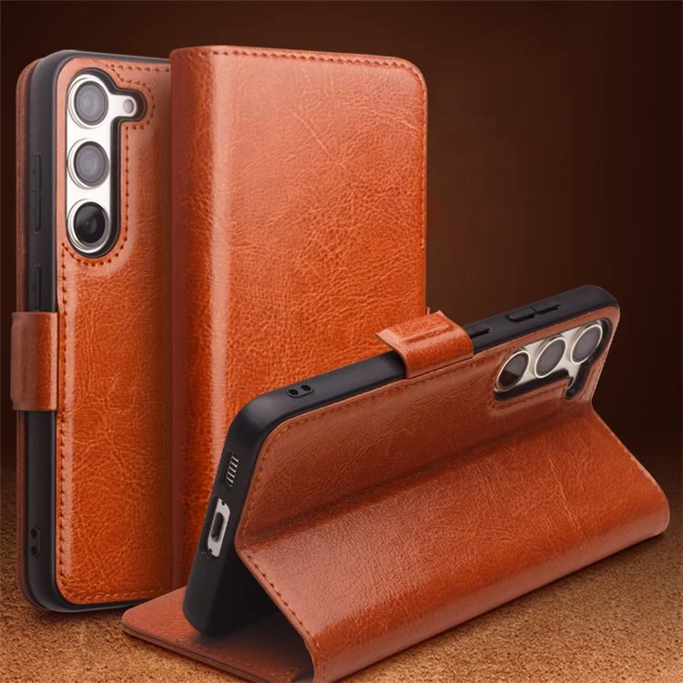 QIALINO Pour Samsung Galaxy S22+ 5G Véritable Étui Portefeuille en Cuir de Vache Pleine Protection Stand Téléphone Couvre - Marron Clair