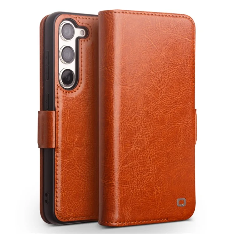 QIALINO For Samsung Galaxy S22 5G Anti-Gravity Genuine Cow Leather Flip Phone Case Wallet Stand Cover - Light Brown