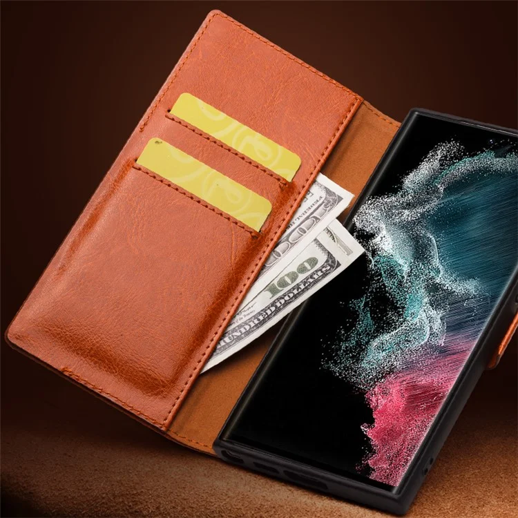 QIALINO For Samsung Galaxy S22 5G Anti-Gravity Genuine Cow Leather Flip Phone Case Wallet Stand Cover - Light Brown