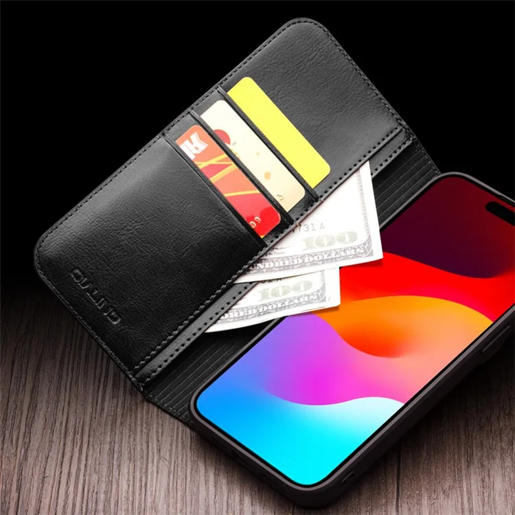 QIALINO For iPhone 15 Genuine Leather Flip Wallet Cover Stand Drop-proof Cowhide Texture Phone Case - Black