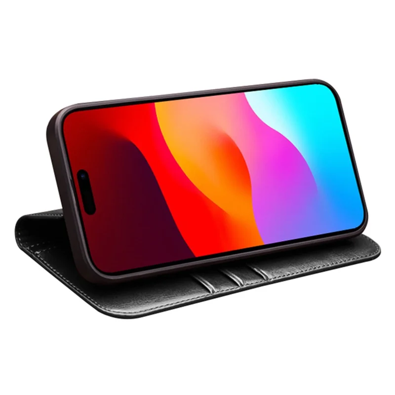 QIALINO For iPhone 15 Pro Shockproof Genuine Leather Flip Case Full Protection Wallet Cover Stand - Black