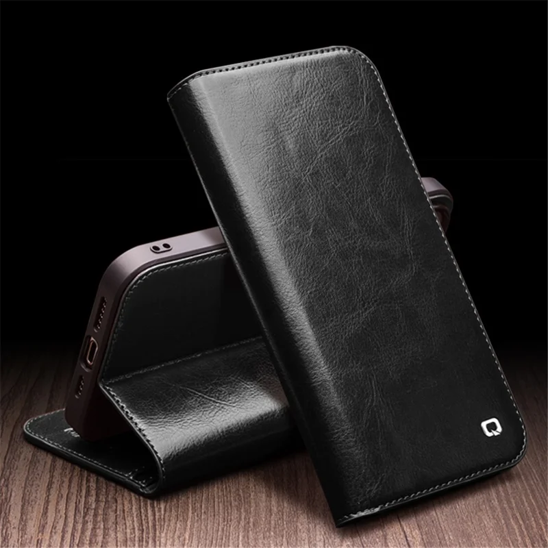 QIALINO For iPhone 15 Pro Shockproof Genuine Leather Flip Case Full Protection Wallet Cover Stand - Black