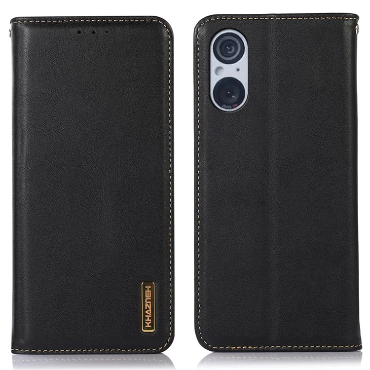 KHAZNEH For Sony Xperia 5 V Genuine Cow Leather Phone Case RFID Blocking Wallet Stand Cover - Black