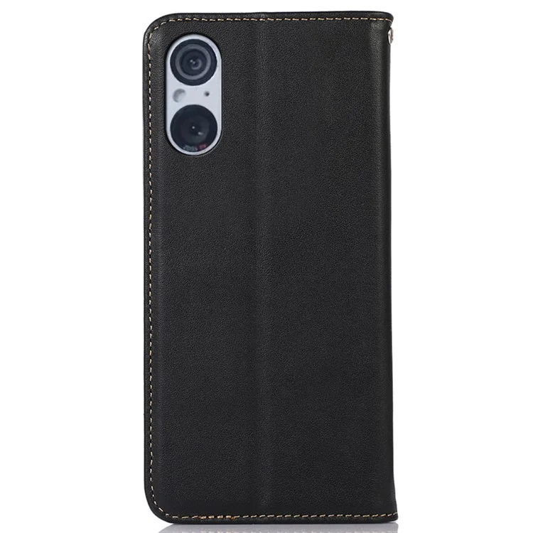KHAZNEH For Sony Xperia 5 V Genuine Cow Leather Phone Case RFID Blocking Wallet Stand Cover - Black