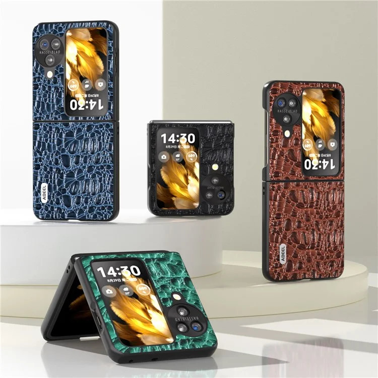 ABEEL For Oppo Find N3 Flip 5G Canopy Texture Folding Phone Case Genuine Cow Leather Coated PC Back Cover - Black