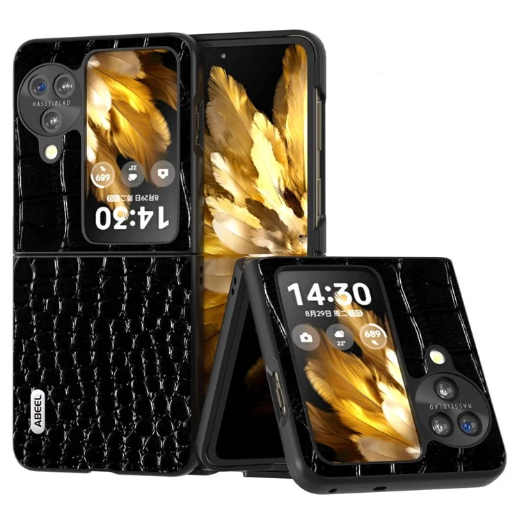 ABEEL Pour Oppo Find N3 Flip 5G Crocodile Texture Phone Cover Genuine Cow Leather Coated PC Folding Case - Black