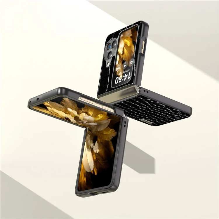 ABEEL Pour Oppo Find N3 Flip 5G Crocodile Texture Phone Cover Genuine Cow Leather Coated PC Folding Case - Black