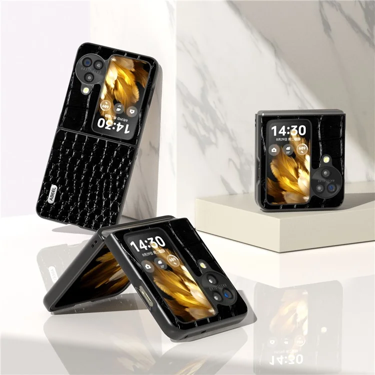 ABEEL Pour Oppo Find N3 Flip 5G Crocodile Texture Phone Cover Genuine Cow Leather Coated PC Folding Case - Black