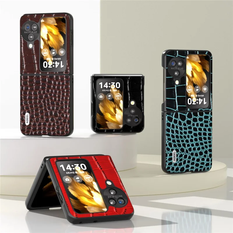 ABEEL Pour Oppo Find N3 Flip 5G Crocodile Texture Phone Cover Genuine Cow Leather Coated PC Folding Case - Black