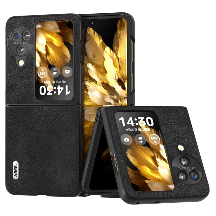 ABEEL Custodia pieghevole per Oppo Find N3 Flip 5G, rivestimento in pelle di mucca PU con texture, Cover per telefono in PC - Nero
