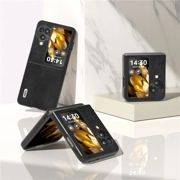 ABEEL Custodia pieghevole per Oppo Find N3 Flip 5G, rivestimento in pelle di mucca PU con texture, Cover per telefono in PC - Nero