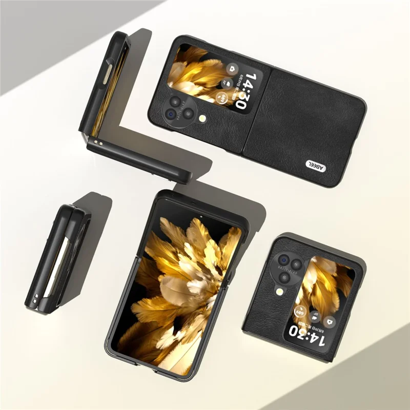 ABEEL Custodia pieghevole per Oppo Find N3 Flip 5G, rivestimento in pelle di mucca PU con texture, Cover per telefono in PC - Nero