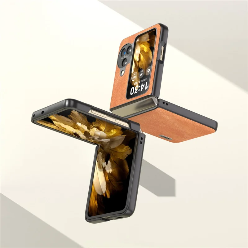 ABEEL Folding Phone Case for Oppo Find N3 Flip 5G , Cowhide Texture PU Leather Coated PC Phone Cover - Brown