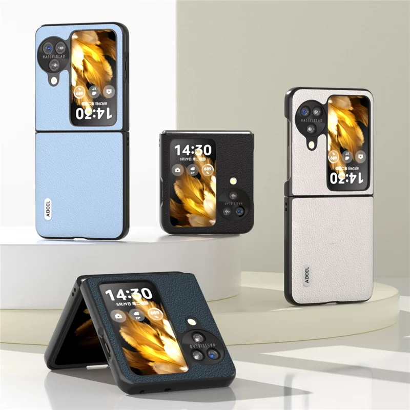 ABEEL For Oppo Find N3 Flip 5G Phone Case Textured Genuine Cow Leather Coated PC Folding Phone Cover - Black