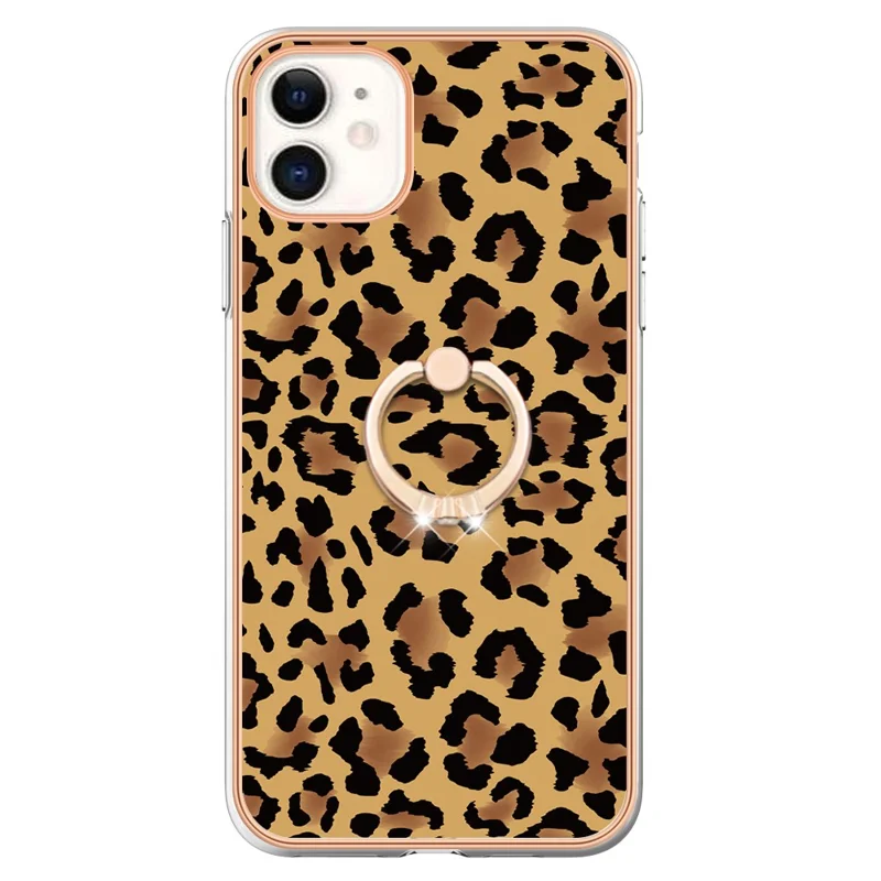 YB IMD Series-20 Style D For iPhone 11 IMD Pattern 2.0mm TPU Case Electroplating Ring Kickstand Phone Cover - Leopard