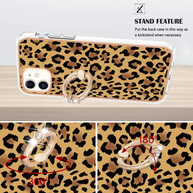 YB IMD Series-20 Style D For iPhone 11 IMD Pattern 2.0mm TPU Case Electroplating Ring Kickstand Phone Cover - Leopard