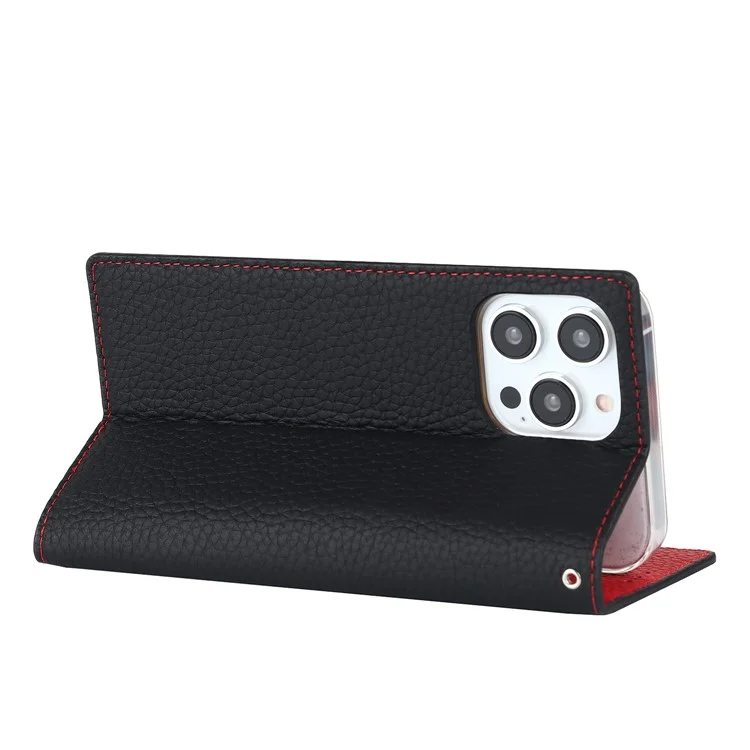 Для iPhone 15 Pro Max Genuine Cow Leather Wallet Stand Case Litchi Texture Phone Cover with Strap - Black
