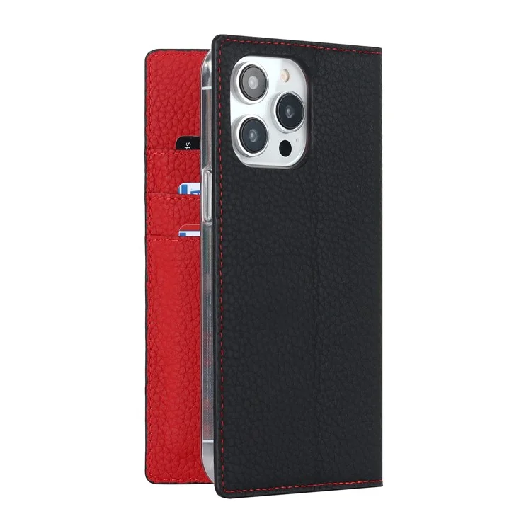 Для iPhone 15 Pro Max Genuine Cow Leather Wallet Stand Case Litchi Texture Phone Cover with Strap - Black