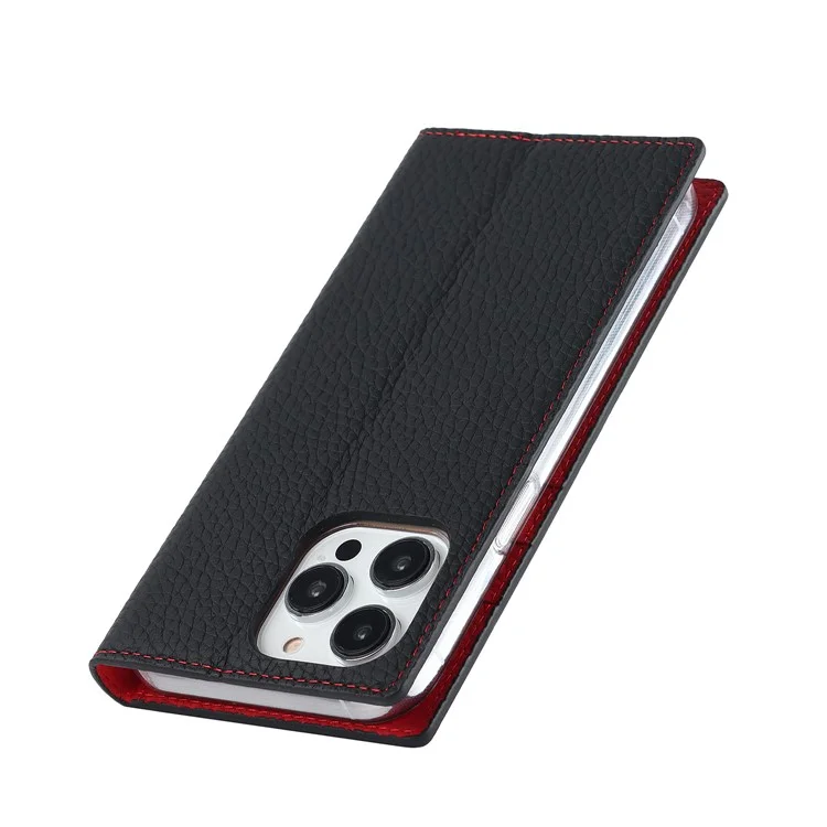 Для iPhone 15 Pro Max Genuine Cow Leather Wallet Stand Case Litchi Texture Phone Cover with Strap - Black