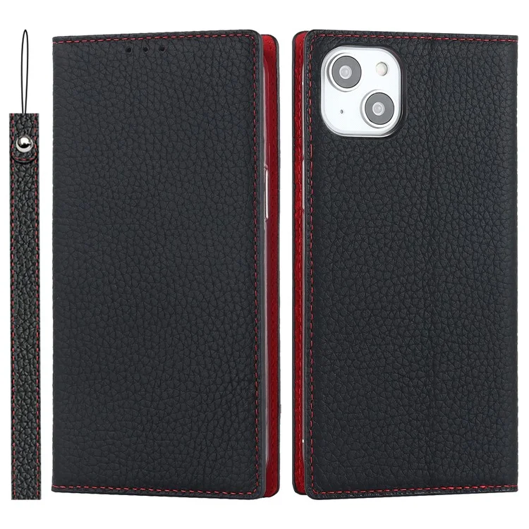 Per iPhone 15 Custodia in Vera Pelle di Mucca Texture Litchi Anti-caduta Portafoglio Stand Cover per Telefono con Cinturino - Nero