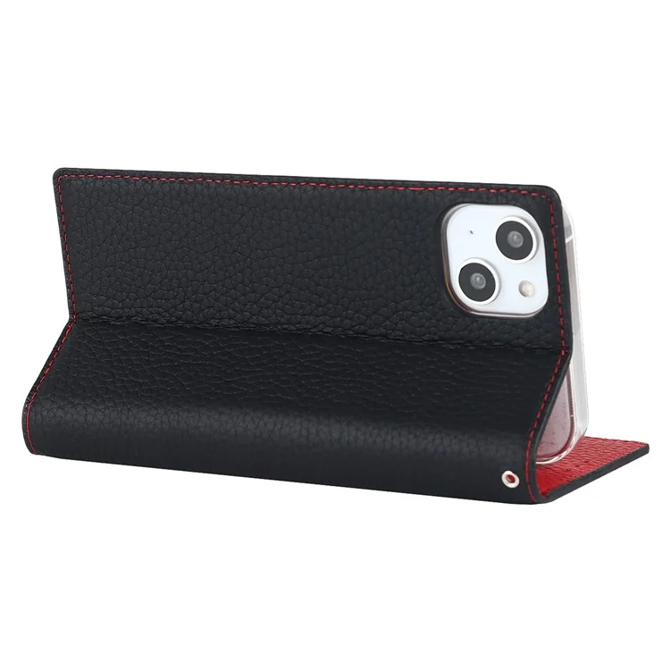 Per iPhone 15 Custodia in Vera Pelle di Mucca Texture Litchi Anti-caduta Portafoglio Stand Cover per Telefono con Cinturino - Nero