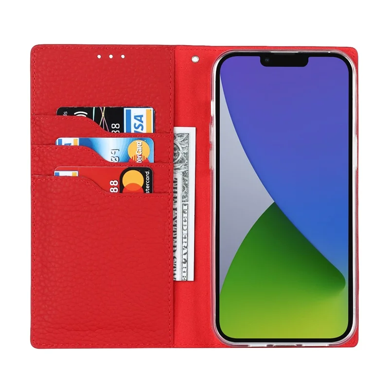 Für iPhone 15 Plus Echtes Rindsleder Litchi-Textur Handy-Hülle Flip Wallet Stand Cover mit Gurt - Schwarz