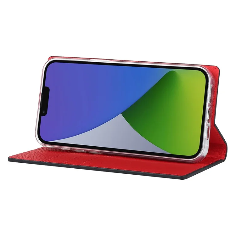 Für iPhone 15 Plus Echtes Rindsleder Litchi-Textur Handy-Hülle Flip Wallet Stand Cover mit Gurt - Schwarz