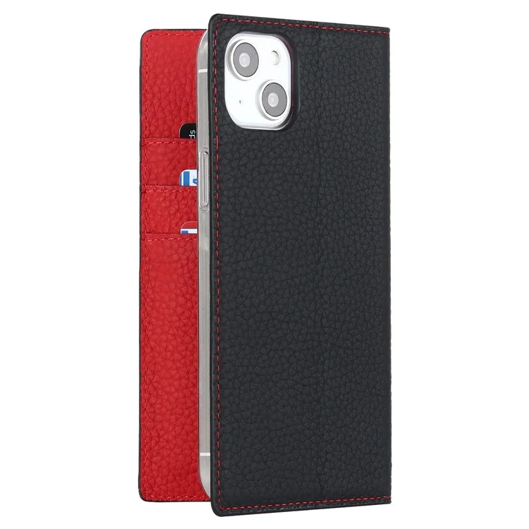 Für iPhone 15 Plus Echtes Rindsleder Litchi-Textur Handy-Hülle Flip Wallet Stand Cover mit Gurt - Schwarz