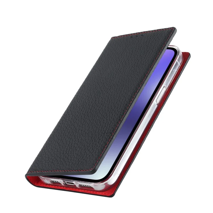 Für iPhone 15 Plus Echtes Rindsleder Litchi-Textur Handy-Hülle Flip Wallet Stand Cover mit Gurt - Schwarz