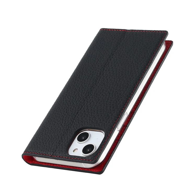 Für iPhone 15 Plus Echtes Rindsleder Litchi-Textur Handy-Hülle Flip Wallet Stand Cover mit Gurt - Schwarz