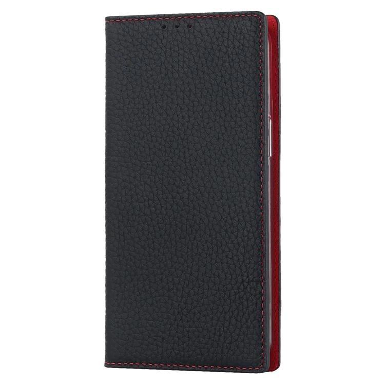 Für iPhone 15 Plus Echtes Rindsleder Litchi-Textur Handy-Hülle Flip Wallet Stand Cover mit Gurt - Schwarz