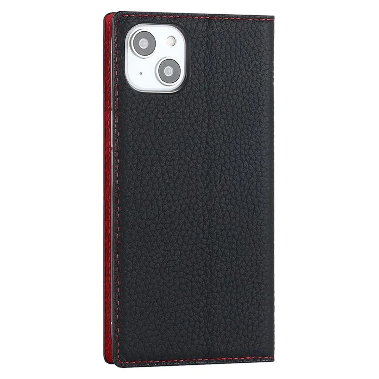 Für iPhone 15 Plus Echtes Rindsleder Litchi-Textur Handy-Hülle Flip Wallet Stand Cover mit Gurt - Schwarz