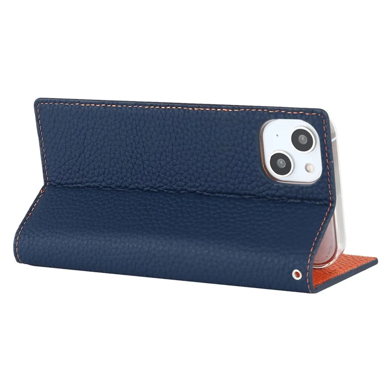 For iPhone 15 Plus Genuine Cow Leather Litchi Texture Phone Case Flip Wallet Stand Cover with Strap - Dark Blue