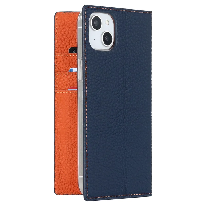 For iPhone 15 Plus Genuine Cow Leather Litchi Texture Phone Case Flip Wallet Stand Cover with Strap - Dark Blue