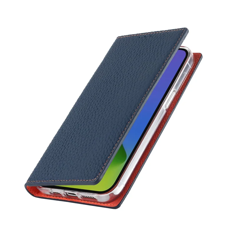 For iPhone 15 Plus Genuine Cow Leather Litchi Texture Phone Case Flip Wallet Stand Cover with Strap - Dark Blue