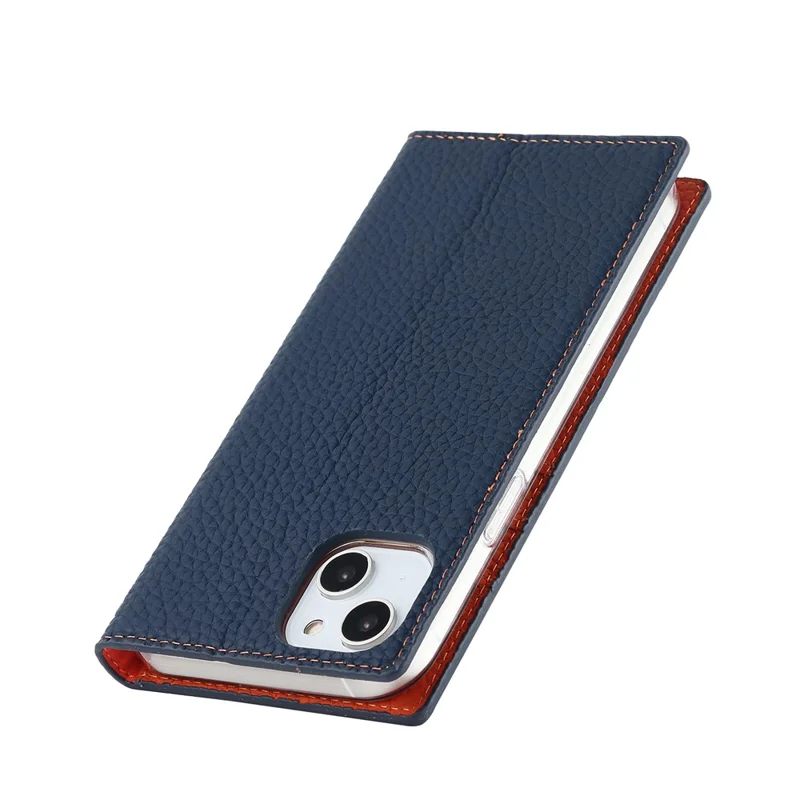 For iPhone 15 Plus Genuine Cow Leather Litchi Texture Phone Case Flip Wallet Stand Cover with Strap - Dark Blue
