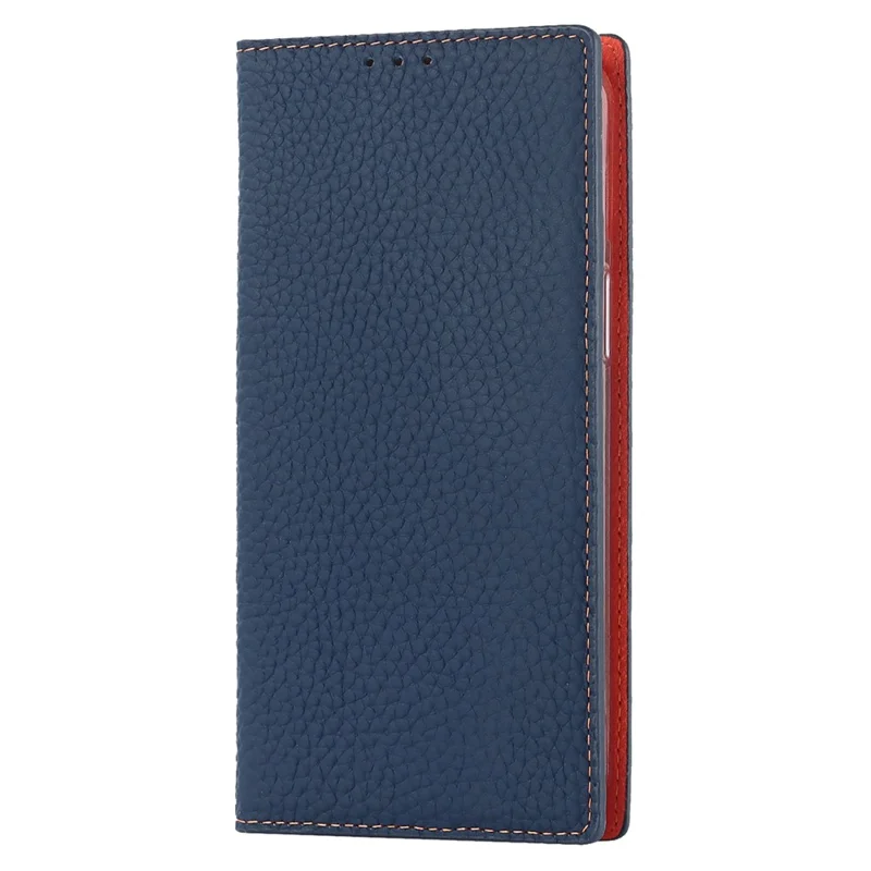 For iPhone 15 Plus Genuine Cow Leather Litchi Texture Phone Case Flip Wallet Stand Cover with Strap - Dark Blue