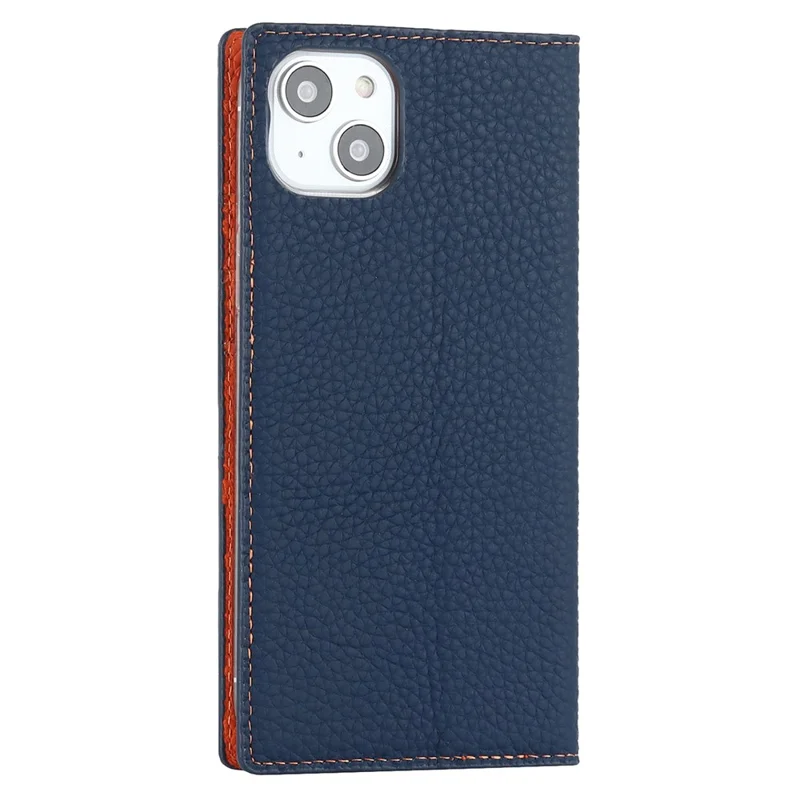 For iPhone 15 Plus Genuine Cow Leather Litchi Texture Phone Case Flip Wallet Stand Cover with Strap - Dark Blue