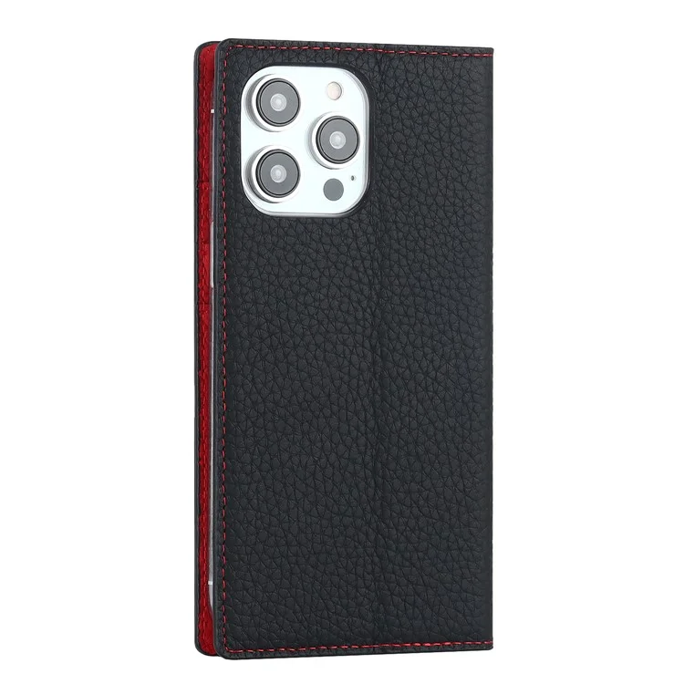 Para iPhone 15 Pro Litchi Texture Genuine Cow Leather Cover Anti-drop Wallet Stand Phone Case with Strap - Black