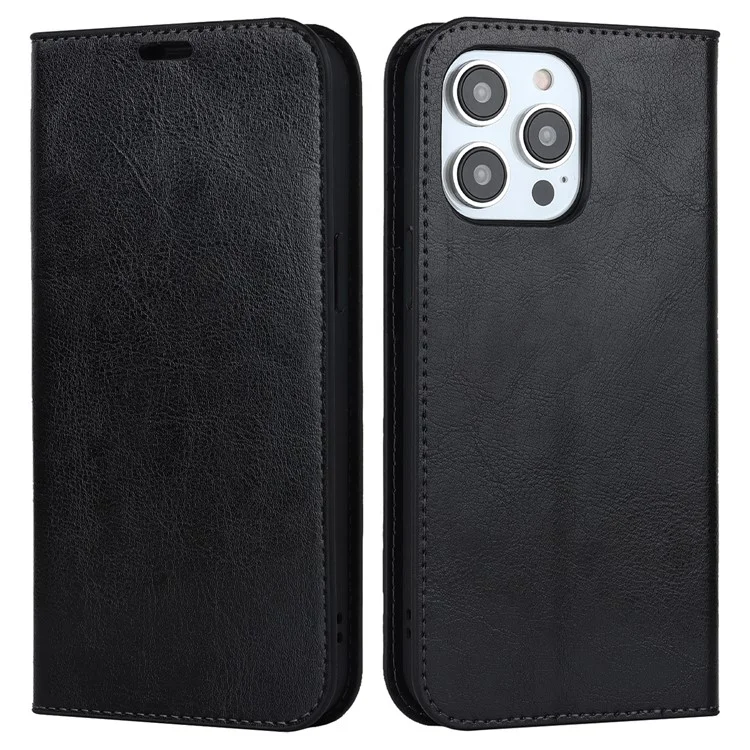Para iPhone 15 Pro Crazy Horse Texture Anti-fall Cover Genuine Cow Leather Stand Wallet Phone Case - Preto